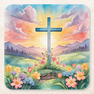 Beautiful Easter Watercolor Art Square Paper Coaster