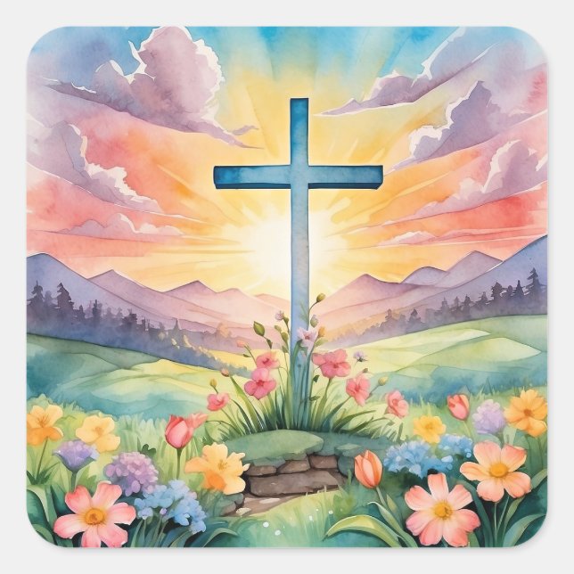 Beautiful Easter Watercolor Art Square Sticker (Front)