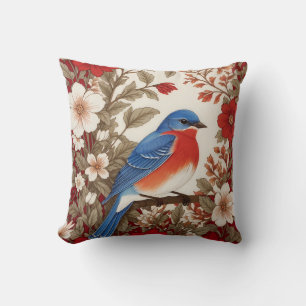Beautiful Eastern Bluebird Red Floral  Cushion