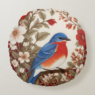 Beautiful Eastern Bluebird Red Floral  Round Cushion