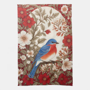 Beautiful Eastern Bluebird Red Floral  Tea Towel