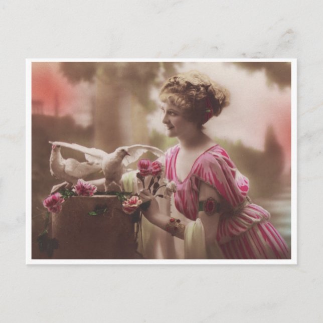 Beautiful Edwardian Woman and Doves Vintage Glamou Postcard (Front)