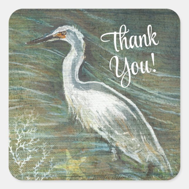 Beautiful Egret Shorebird Wading Art Thank You Square Sticker (Front)