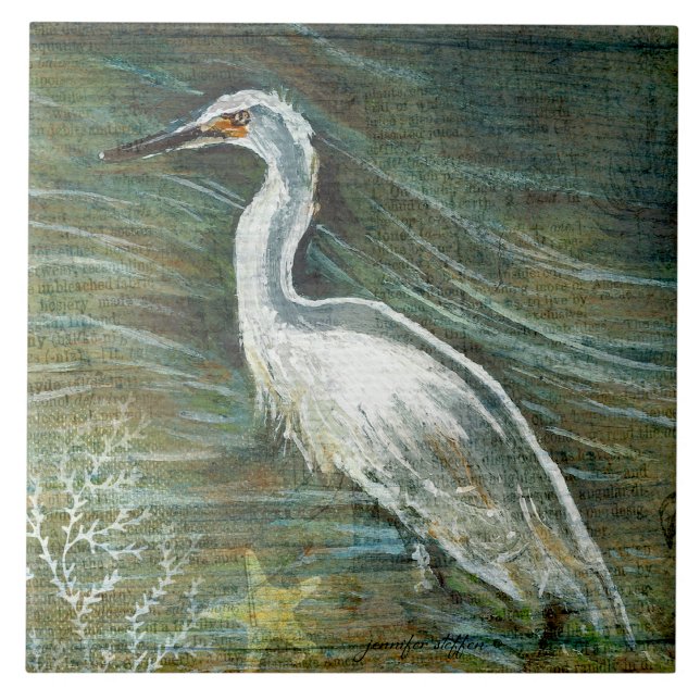 Beautiful Egret Shorebird Wading In Water Art Ceramic Tile (Gorgeous Egret Shorebird Wading Water ceramic tile from Jenn's Emporium.)