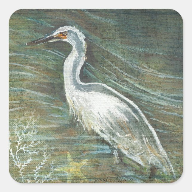 Beautiful Egret Shorebird Wading In Water Art Square Sticker (Front)