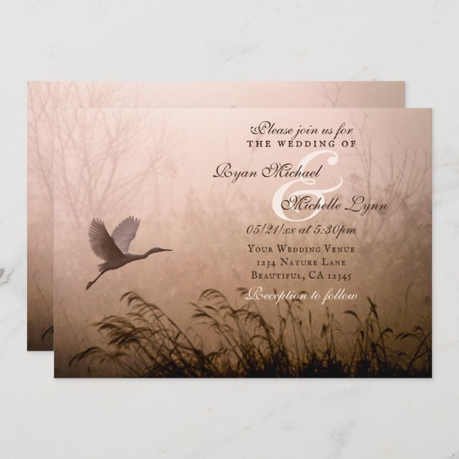 Beautiful Egret, White Heron Flying Wedding Invitation (Front/Back)