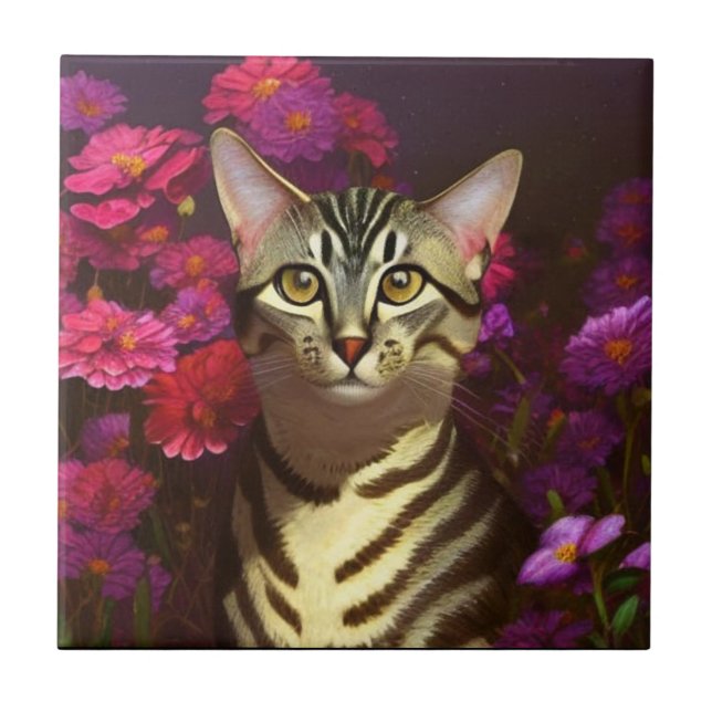 Beautiful Egyptian Mau Cat in a Night Garden   Ceramic Tile (Front)