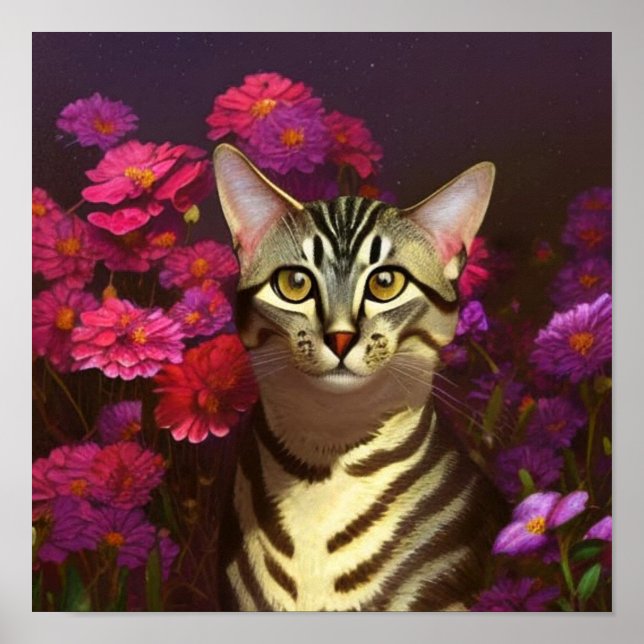 Beautiful Egyptian Mau Cat in a Night Garden Poster (Front)