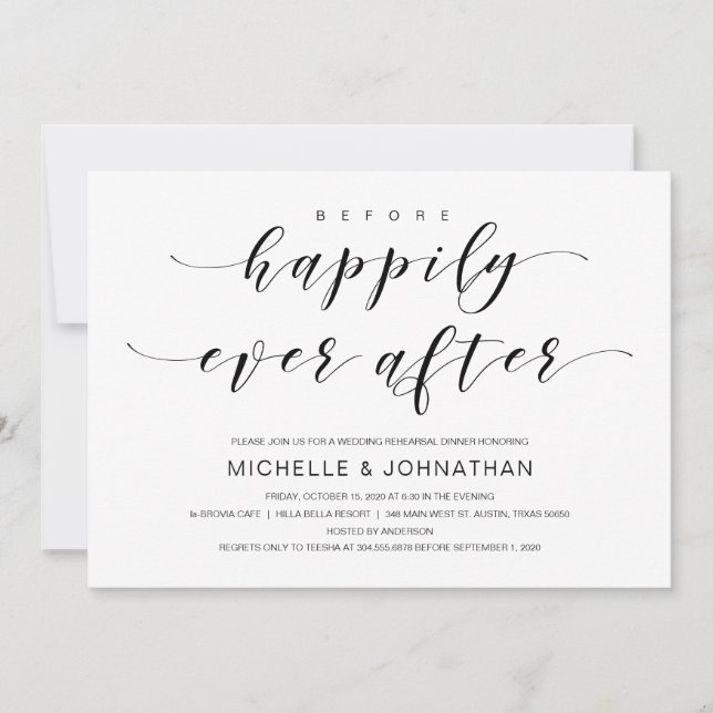 Beautiful Elegance, Black Script, Rehearsal Dinner Invitation (Front)