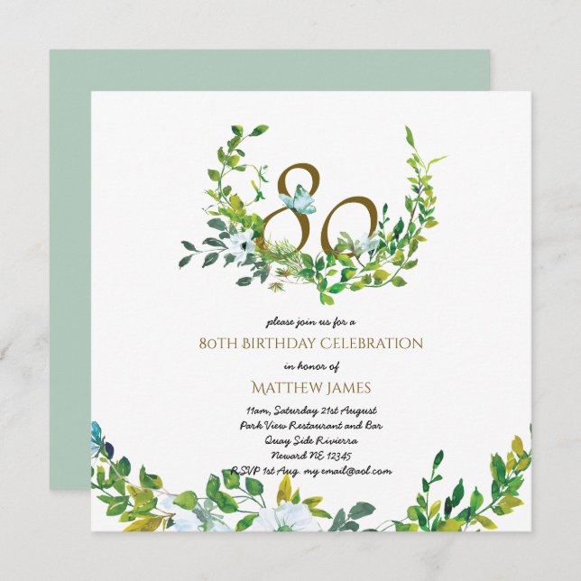 Beautiful Elegant 80th Birthday Invitations Women (Front/Back)
