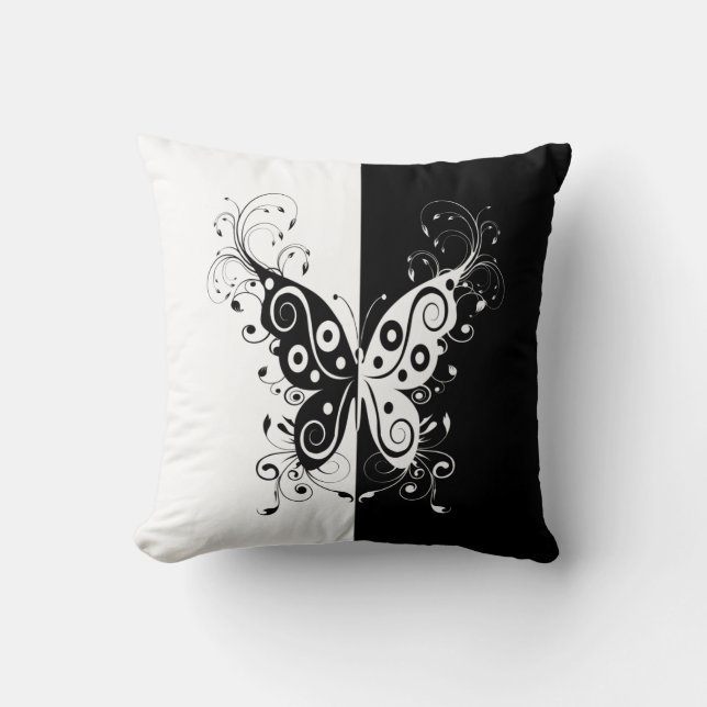 Beautiful elegant black and white butterfly swirls cushion (Front)
