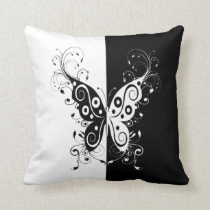 Beautiful elegant black and white butterfly swirls cushion
