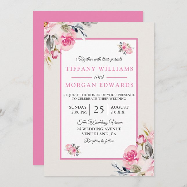 Beautiful Elegant Blush Pink Floral Wedding Invitation (Front/Back)