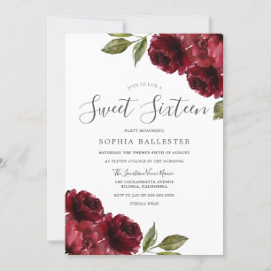 Beautiful Elegant Burgundy Red Flowers Sweet 16 Invitation