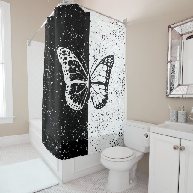 Beautiful Elegant Butterfly Black White Day Night Shower Curtain (In Situ)