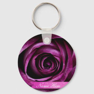 Beautiful Elegant Dramatic Purple Rose with Ribbon Key Ring