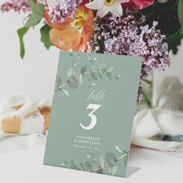 Beautiful elegant eucalyptus foliage wedding table pedestal sign (Creator Uploaded)