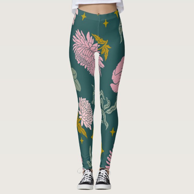 Beautiful elegant floral Turquoise and pink Leggings (Front)