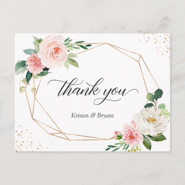 Beautiful Elegant Gold Blush Floral Thank You Postcard (Front)