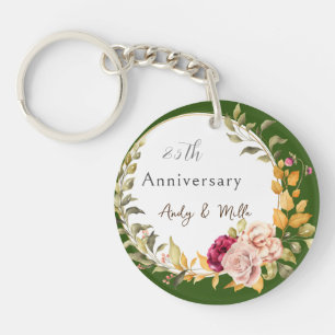 Beautiful Elegant Green Floral Wreath 25th Wedding Key Ring
