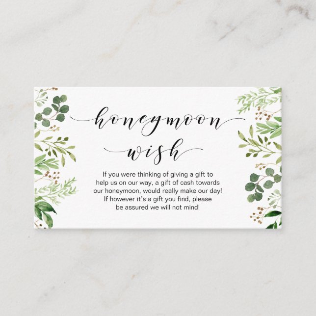 Beautiful Elegant Greenery, Black, Honeymoon Wish Enclosure Card (Front)