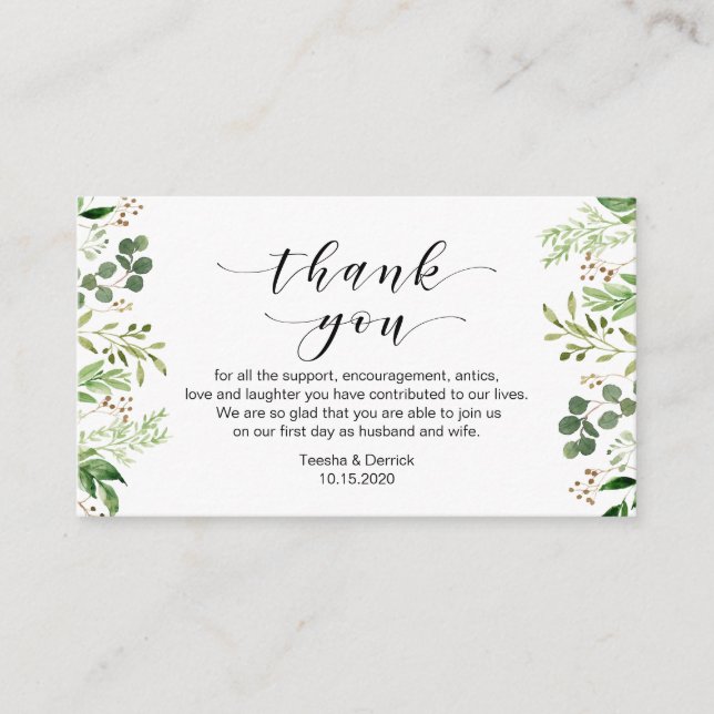 Beautiful Elegant Greenery, Wedding Thank you Enclosure Card (Front)