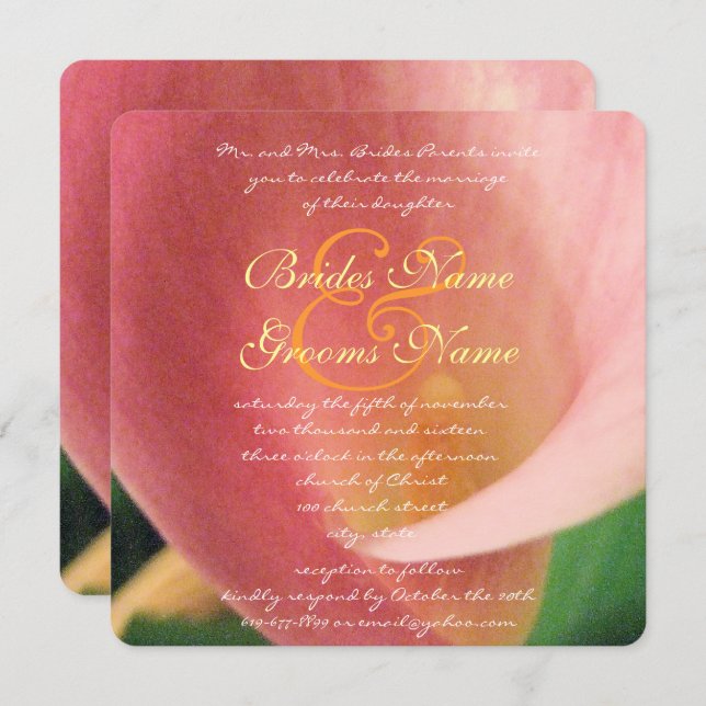 Beautiful Elegant Pale Pink Calla Lily Wedding Invitation (Front/Back)