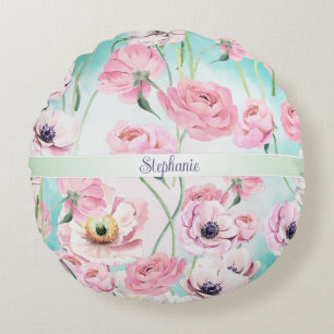 Beautiful Elegant Pink Floral Roses Monogram with  Round Cushion