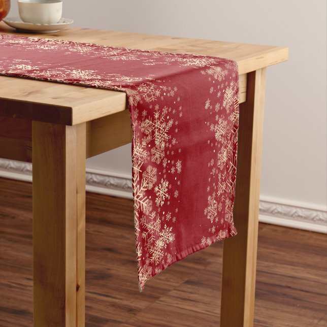 Beautiful Elegant Red & Gold Snowflakes Short Table Runner (In Situ)