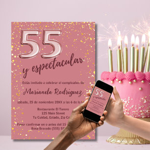 Beautiful Elegant Rose Gold 55th Birthday Spanish Invitation