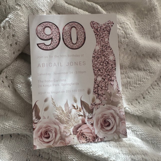 Beautiful Elegant Roses Blush Dress 90th Birthday Invitation (Creator Uploaded)