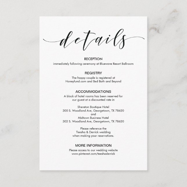 Beautiful Elegant Wedding Details Enclosure Card (Front)
