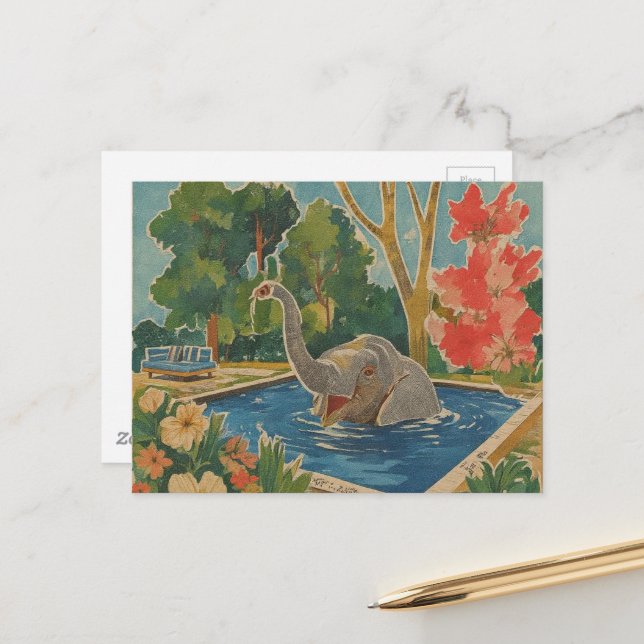 Beautiful Elephant in the pool Postcard (Front/Back In Situ)