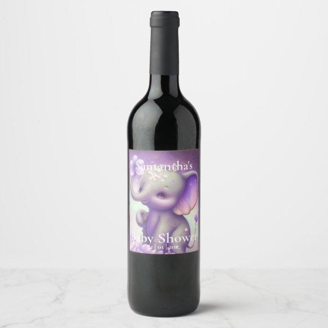 Beautiful Elephant purple Baby shower  Wine Label (Front)