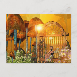 Beautiful elf sitting in the garden with flowers postcard