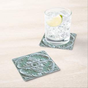Beautiful Embossed Tile White Light Green Square Paper Coaster