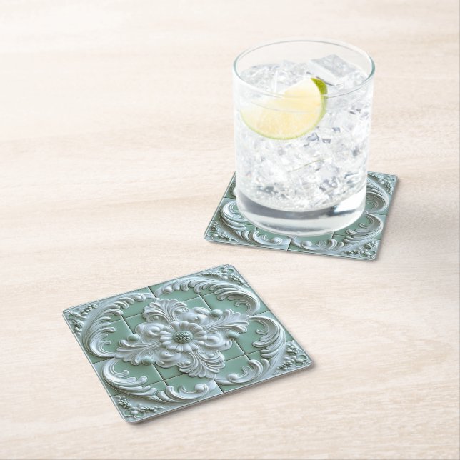 Beautiful Embossed Tile White Light Green  Square Paper Coaster (Insitu)