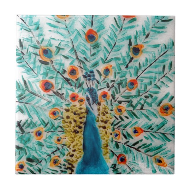 Beautiful Emerald Green and Turquoise Peacock Ceramic Tile (Front)