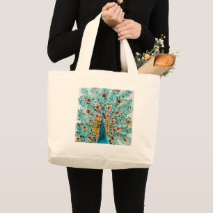 Beautiful Emerald Green and Turquoise Peacock Large Tote Bag