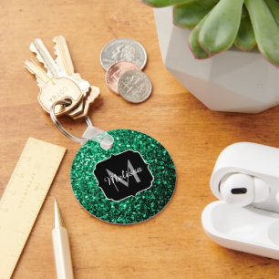Beautiful Emerald Green glitter sparkles Monogram Key Ring