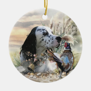 Beautiful English Setter with Pheasant , Art Ceramic Ornament