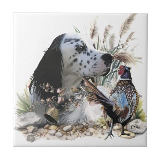 Beautiful English Setter with Pheasant ,  Art  Ceramic Tile (Front)