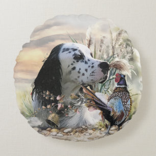 Beautiful English Setter with Pheasant , Art Round Cushion