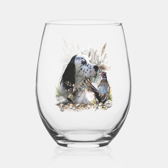 Beautiful English Setter with Pheasant ,  Art  Stemless Wine Glass (Back)