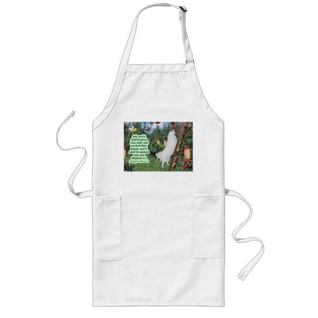 Beautiful Eskie and Orchard Scripture Matthew 7:7 Long Apron (Front)
