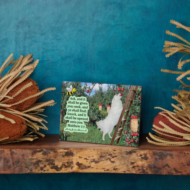 Beautiful Eskie and Orchard Scripture Matthew 7:7 Plaque (Side)