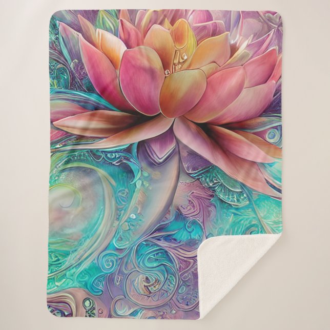 Beautiful Ethereal Whimsical Lotus Flower Sherpa Blanket (Front)