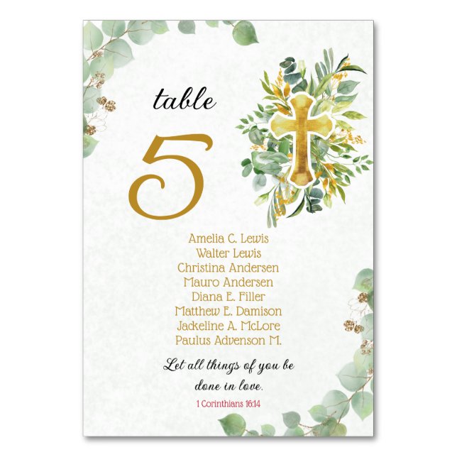 Beautiful Eucalyptus Christian Wedding Table Number (Front)