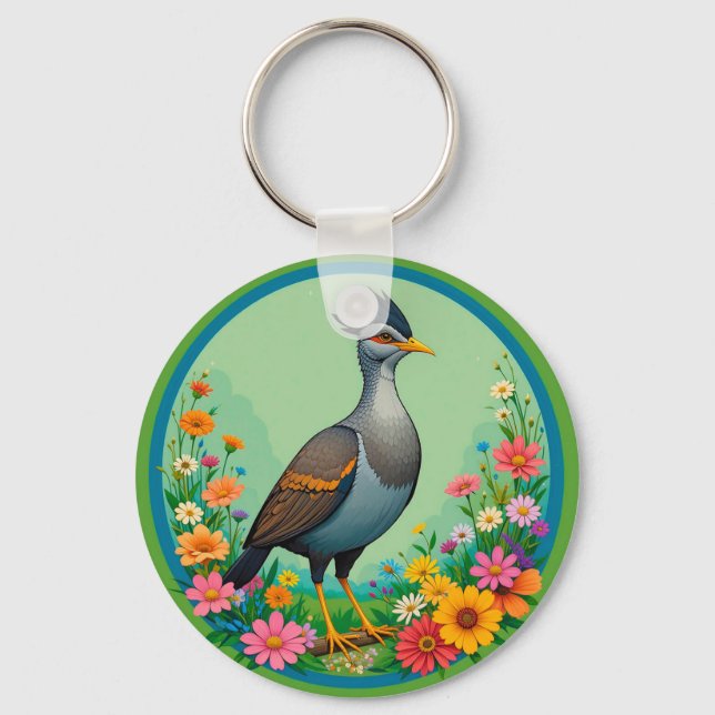 Beautiful Exotic Bird Resting Among Colourful Flow Key Ring (Front)