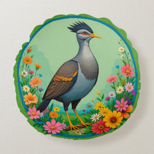Beautiful Exotic Bird Resting Among Colourful Flow Round Cushion